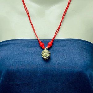 Red Beaded Pendant Necklace, Ethnic Unique Necklace, Beaded Chain Handmade Penda